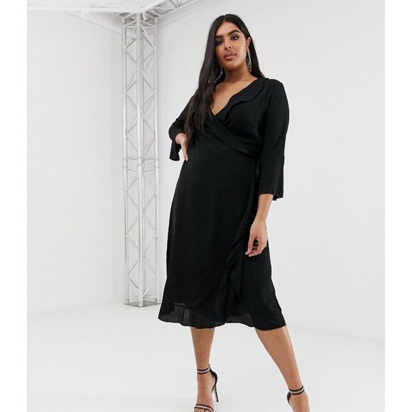 Outrageous Fortune Plus ruffle wrap dress with fluted sleeve in black - Picture 1 of 11